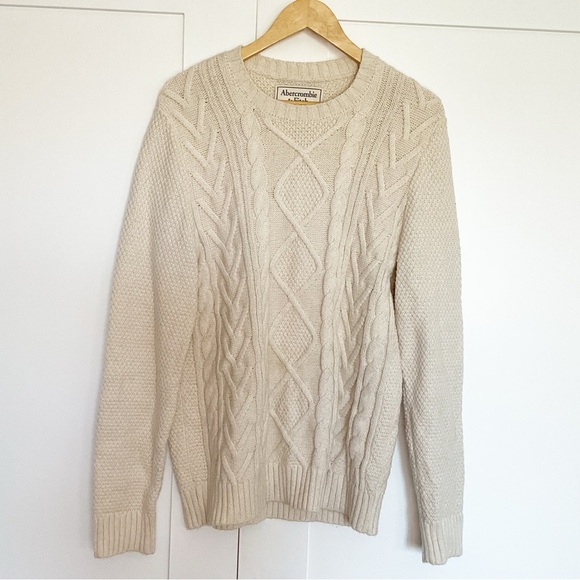 Abercrombie & Fitch Cable Crew Knit Sweater Large cream Ivory neutral fair isle - Picture 1 of 8